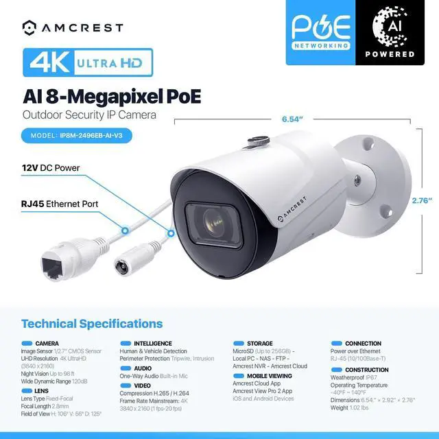 Alt view image 7 of 7 - Amcrest 4K (8MP) IP POE Camera, UltraHD Outdoor Bullet, 3840x2160, 98ft NightVision, 125° FOV, IP67, MicroSD (256GB), Human & Vehicle Detection, Tripwire & Intrusion, (IP8M-2496EW-AI-V3)