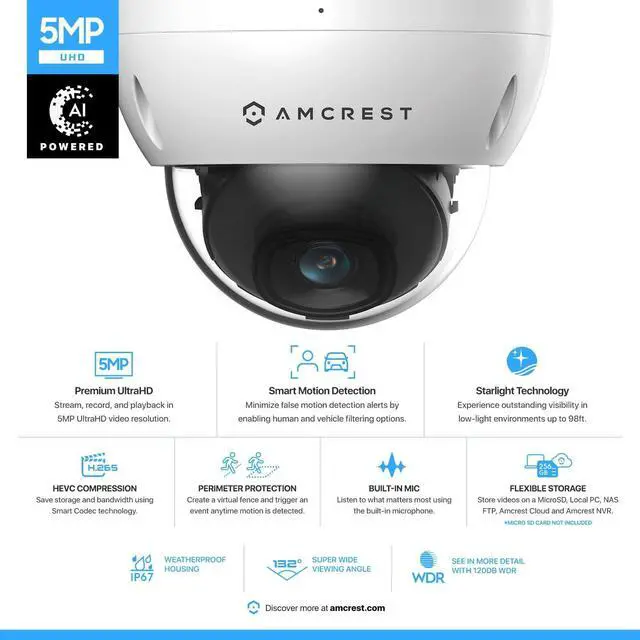 Alt view image 2 of 7 - Amcrest 5MP POE Camera, Outdoor Vandal Dome Security POE IP Camera, 5-Megapixel, 98ft NightVision, 2.8mm Lens, IP67, IK10 Resistance, MicroSD 256GB (Sold Separately), Cloud, NVR (IP5M-D1188EW-AI-V3)