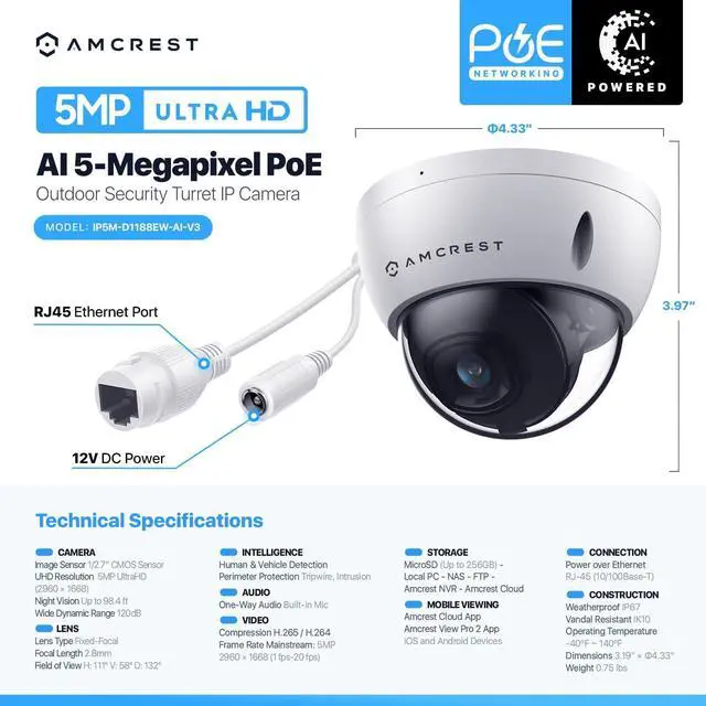 Alt view image 7 of 7 - Amcrest 5MP POE Camera, Outdoor Vandal Dome Security POE IP Camera, 5-Megapixel, 98ft NightVision, 2.8mm Lens, IP67, IK10 Resistance, MicroSD 256GB (Sold Separately), Cloud, NVR (IP5M-D1188EW-AI-V3)