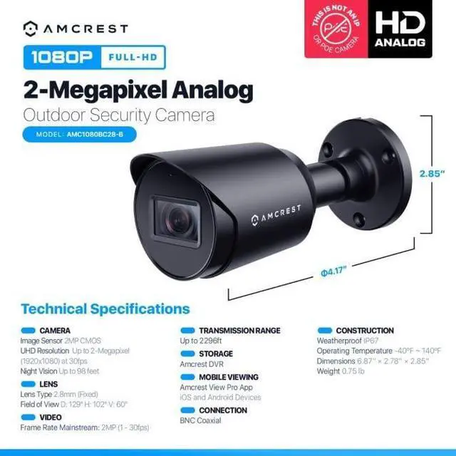 Alt view image 3 of 6 - Amcrest 2MP Bullet Security Camera HD-CVI/TVI/AHD/Analog AMC1080BC28-B