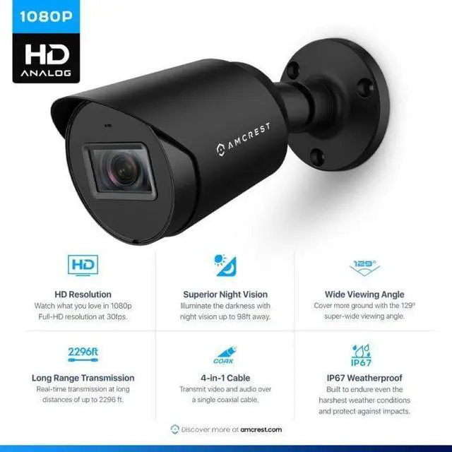 Alt view image 2 of 6 - Amcrest 2MP Bullet Security Camera HD-CVI/TVI/AHD/Analog AMC1080BC28-B