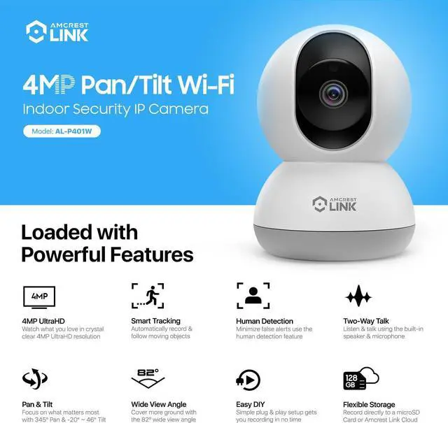 Alt view image 2 of 7 - Amcrest Link 4MP WiFi Camera Indoor, Human Detection, Motion-Tracking, w/ 2-Way Audio, Pan/Tilt Wireless IP Camera, 30ft Night Vision, Built in Siren, AL-P401W