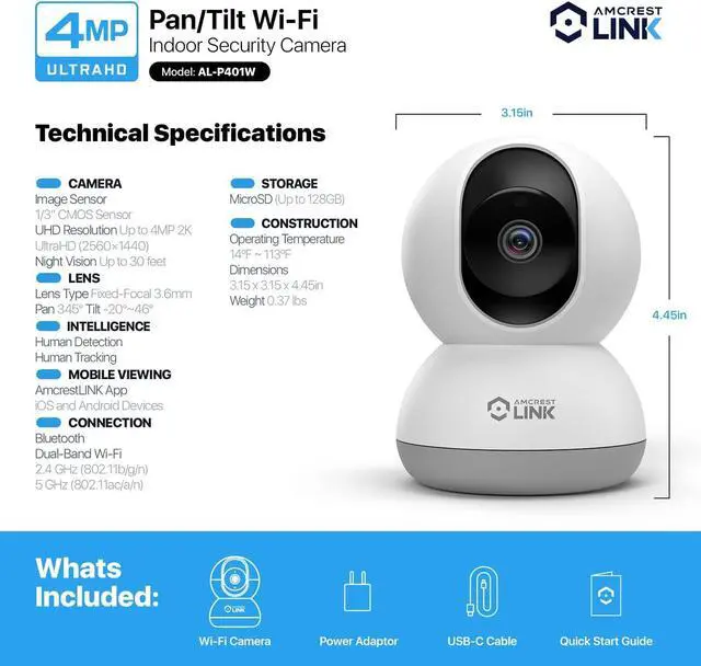 Alt view image 7 of 7 - Amcrest Link 4MP WiFi Camera Indoor, Human Detection, Motion-Tracking, w/ 2-Way Audio, Pan/Tilt Wireless IP Camera, 30ft Night Vision, Built in Siren, AL-P401W
