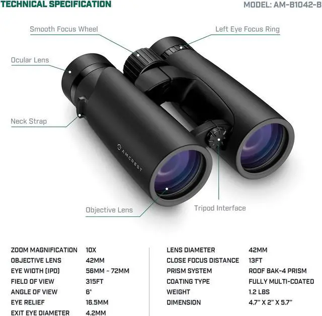 Alt view image 4 of 7 - Amcrest 10x42 Roof Prism Binoculars for Adults, HD Professional Binoculars for Bird Watching, Travel, Stargazing, Hunting, Concerts, Sports, BAK-4 Prisms, Smart Phone Adaptor for Photography