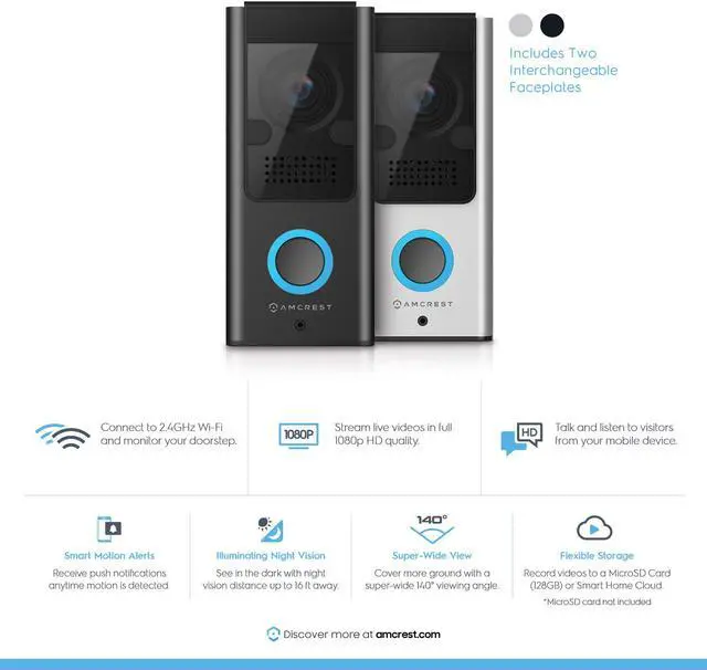 Alt view image 2 of 14 - Amcrest Video Doorbell Camera, 2.4 GHz Wi-Fi Doorbell Camera, IP55 Weatherproof, Two-Way Audio, 140º Wide Angle, AD110