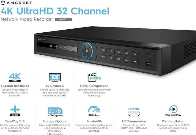 Alt view image 2 of 6 - Amcrest 4K NV5232-4TB (32CH 1080P/3MP/4MP/5MP/6MP/4K/12MP) Network Video Recorder - Supports up to 32 x 4K IP Cameras, Pre-Installed 4TB Hard Drive (No PoE Ports Included)