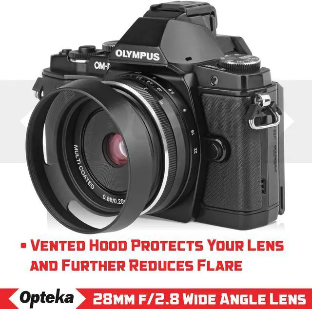 Alt view image 5 of 7 - Opteka 28mm f/2.8 HD MC Manual Focus Prime Lens with Vented Hood and Cleaning Kit for Olympus Micro 4/3 Mount Digital Cameras