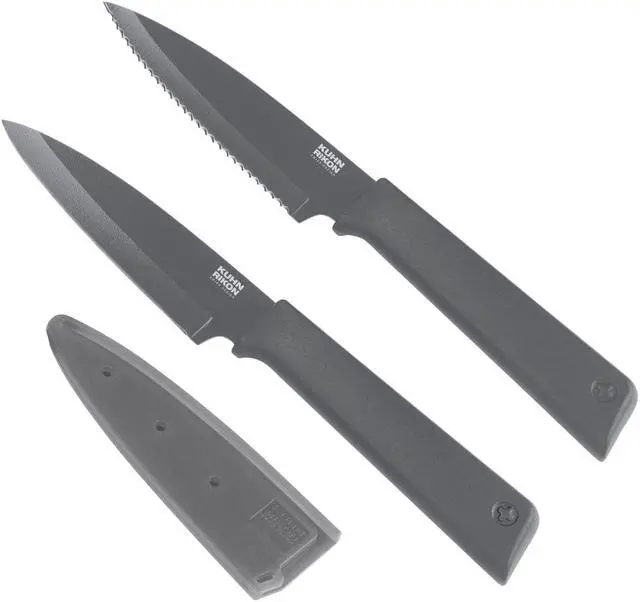 Main image of Kuhn Rikon COLORI+ Non-Stick Straight & Serrated Paring Knife Set, Graphite Grey