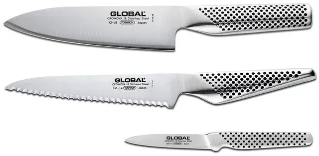 Main image of Global 3 Piece Kitchen Knife Set, 6-Inch Chef's, 6-Inch Utility, 3-Inch Paring