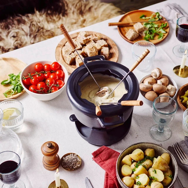 Alt view image 2 of 7 - Alva Nori 8-Inch Enameled Oval 2.1 Quart Cast Iron Fondue Set