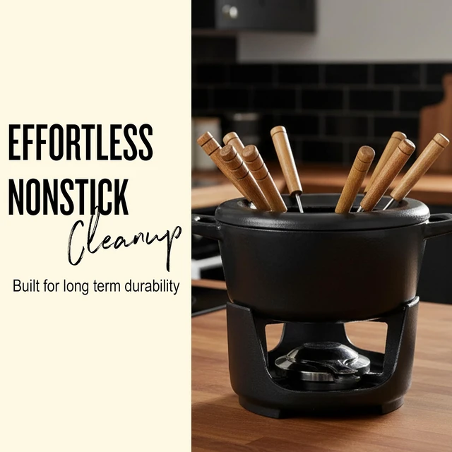 Alt view image 5 of 7 - Alva Nori 8-Inch Enameled Oval 2.1 Quart Cast Iron Fondue Set