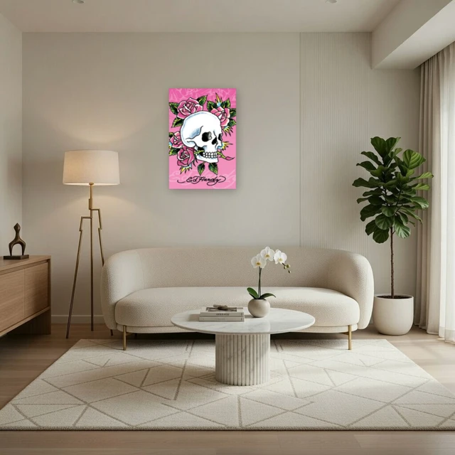 Alt view image 3 of 4 - Ed Hardy Pink Skull & Roses Poster - Vibrant Wall Art