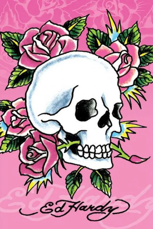 Main image of Ed Hardy - Pink Skull & Roses Poster Print (22 x 34)
