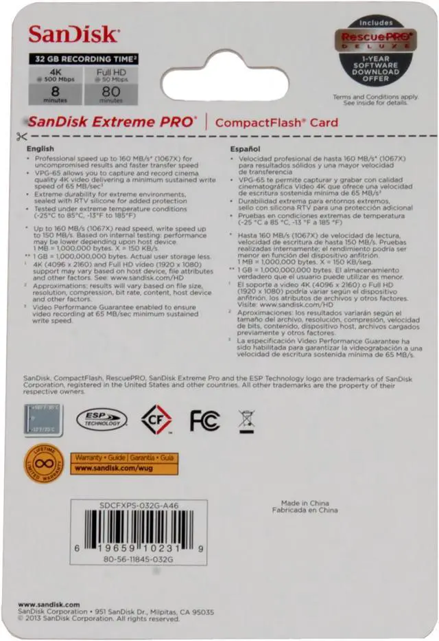 Alt view image 2 of 20 - SANDISK SDCFXPS-032G-A46 32GB Extreme Pro CompactFlash