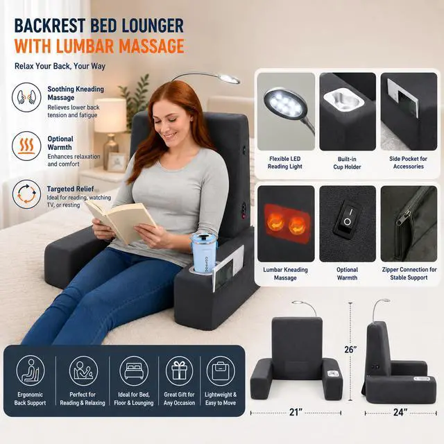 Alt view image 4 of 7 - Carepeutic Backrest Bed Lounger with Shiatsu Back Massage