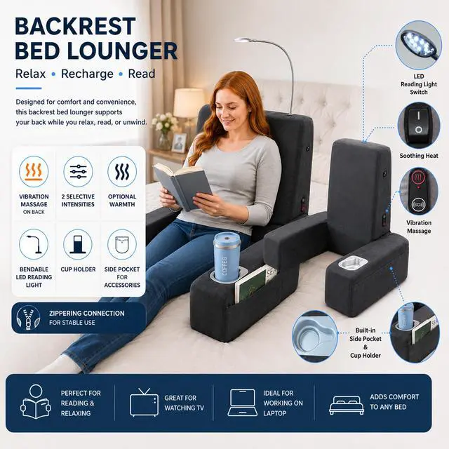 Alt view image 4 of 7 - Carepeutic Backrest Bed Lounger with Heated Comfort Massage