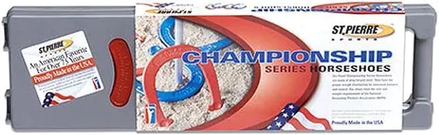 Alt view image 3 of 5 - St. Pierre Championship Series Horseshoes Set - Royal Classic with 4 Horseshoes, 2 Steel Stakes, and Rule Book.
