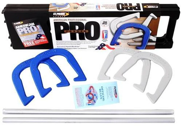 Main image of St. Pierre American Professional Series Horseshoes Complete Set with 4 Horseshoes, 2 Steel Stakes, Official Rulebook, and Bag.