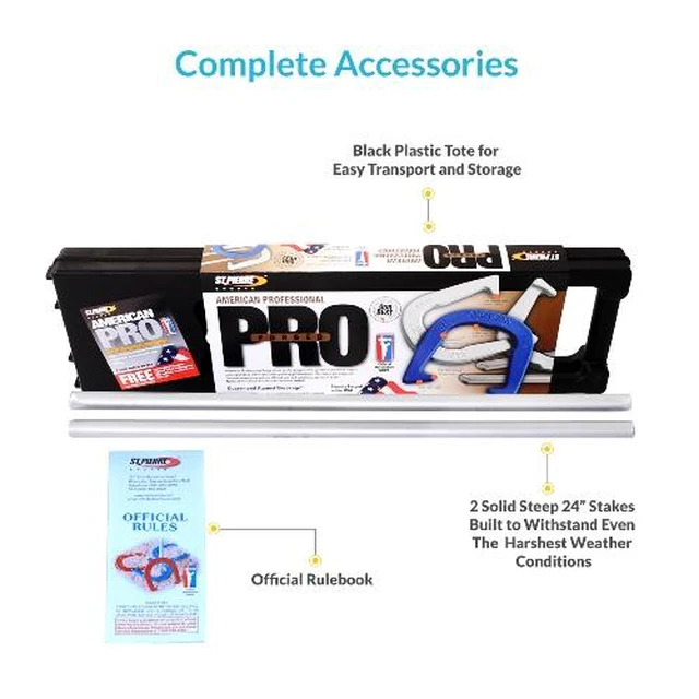 Alt view image 2 of 6 - St. Pierre American Professional Series Horseshoes Complete Set with 4 Horseshoes, 2 Steel Stakes, Official Rulebook, and Bag.