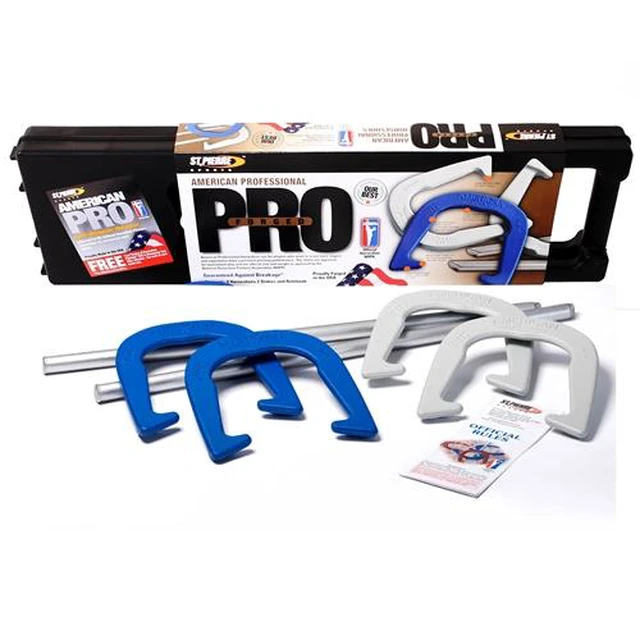 Alt view image 3 of 6 - St. Pierre American Professional Series Horseshoes Complete Set with 4 Horseshoes, 2 Steel Stakes, Official Rulebook, and Bag.