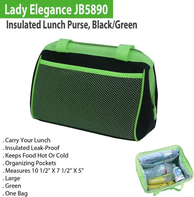 Alt view image 6 of 6 - Lady Elegance JB5890 Insulated Lunch Purse, Black/Green