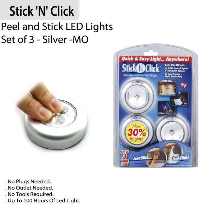 Alt view image 6 of 7 - Round Stick 'N' Click - Peel and Stick LED Lights - Set of 3 - Silver -MO