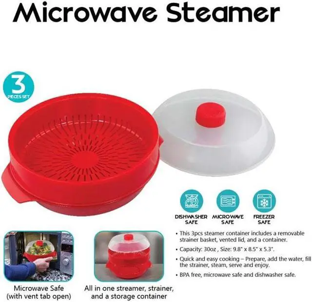 Alt view image 2 of 5 - Microwave Steamer & Storage Container - 3-Piece Round Set