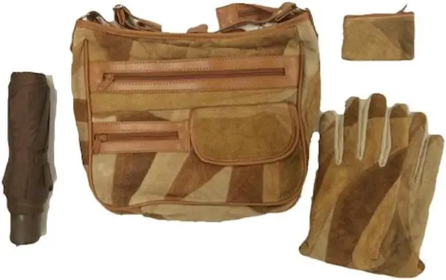 Main image of Patchwork Suede Shoulder Bag Set w/ Gloves, Umbrella and Coin Purse