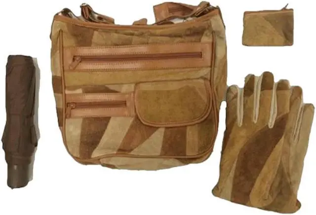 Alt view image 2 of 5 - Patchwork Suede Shoulder Bag Set w/ Gloves, Umbrella and Coin Purse