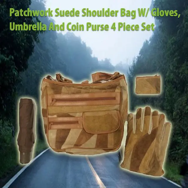 Alt view image 5 of 5 - Patchwork Suede Shoulder Bag Set w/ Gloves, Umbrella and Coin Purse