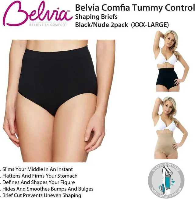 Alt view image 4 of 4 - Belvia Comfia Tummy Control Shaping Briefs - Black/Nude 2-Pack (3XL)