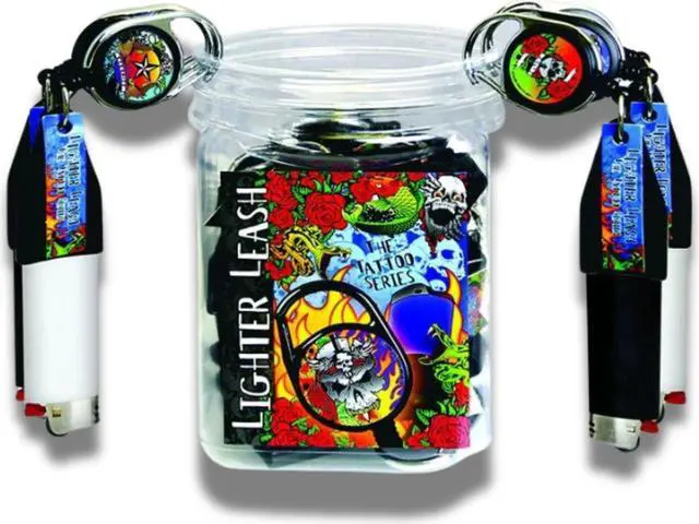 Alt view image 2 of 3 - Premium Tattoo Series Lighter Leash Retractable Holder- 4-Pack Assorted Designs