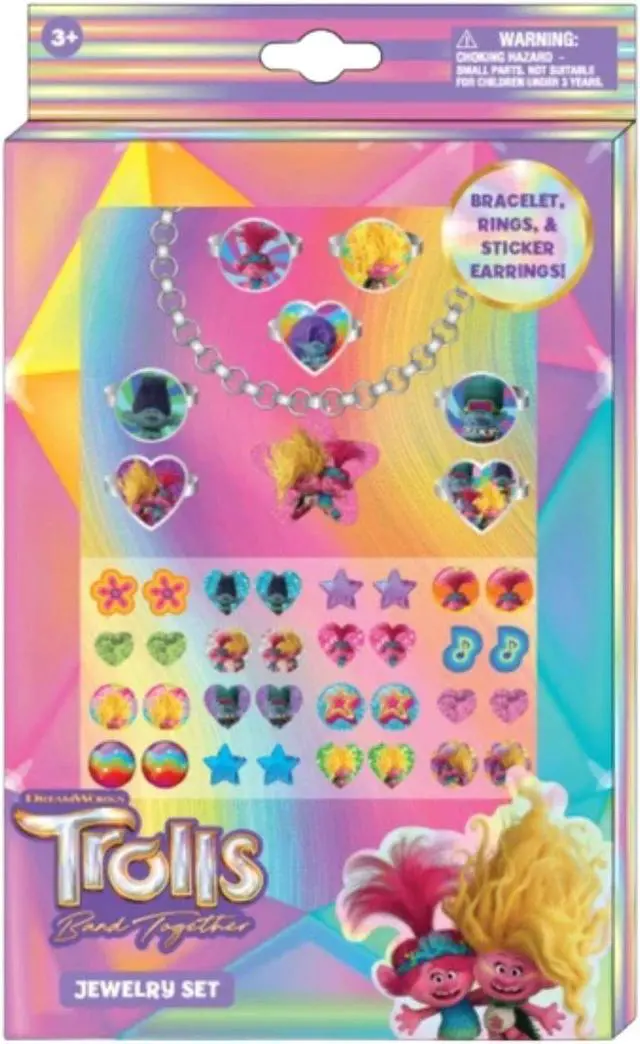 Trolls Charm Bracelet, Rings & Sticker Earrings 24-Piece Set for Kids