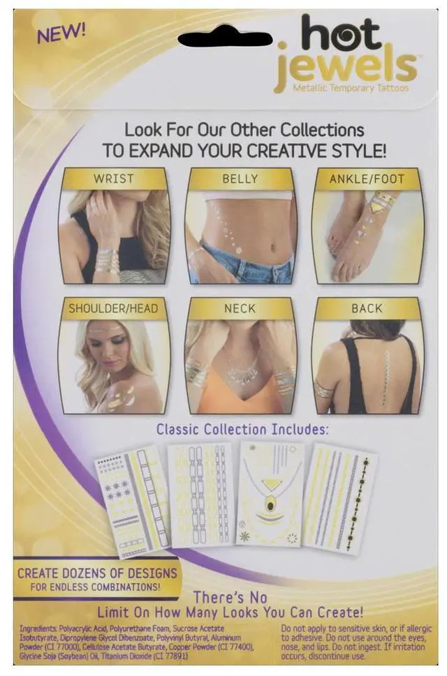 Alt view image 7 of 8 - Hot Jewels Metallic Temporary Tattoos set of 4 sheets Classic