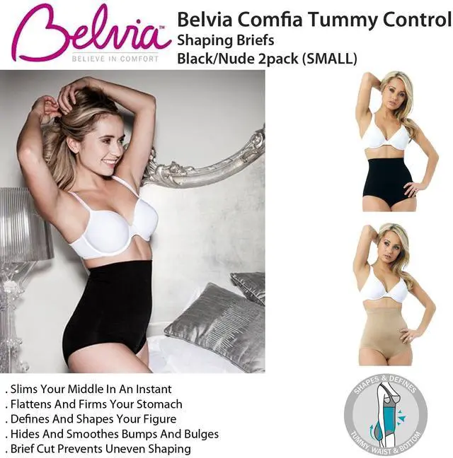 Alt view image 2 of 4 - Belvia Comfia Tummy Control Shaping Briefs - Black/Nude 2-Pack (Small)