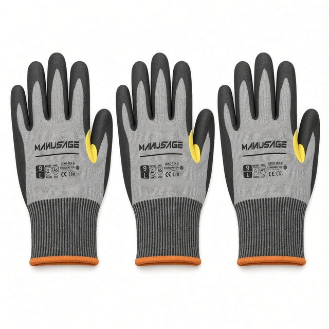 Alt view image 2 of 6 - Manusage A5 Cut Resistant Gloves 3 Pair HPPE Nitrile Grip - Unisex