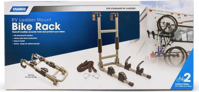 Alt view image 4 of 8 - camco rv ladder mount bike rack  easily installs on standard rv ladders, holds two bikes at once, folds for convenient storage 51492