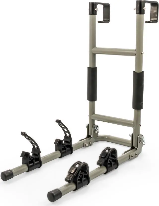 Alt view image 3 of 8 - camco rv ladder mount bike rack  easily installs on standard rv ladders, holds two bikes at once, folds for convenient storage 51492
