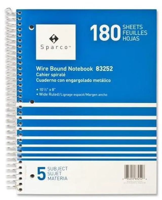 Alt view image 2 of 5 - Sparco Notebooks 5 Subject 10-1/2"x8" Wide Ruled 180 Sht AST 83252