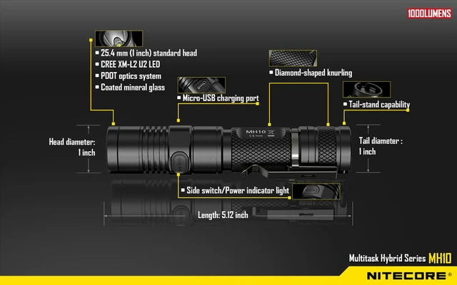 Alt view image 2 of 11 - Nitecore MH10 XM-L2 U2 Flashlight 1000 Lumens (1x 18650 or 2x CR123A Batteries)