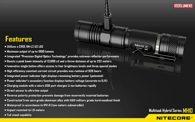 Alt view image 5 of 11 - Nitecore MH10 XM-L2 U2 Flashlight 1000 Lumens (1x 18650 or 2x CR123A Batteries)
