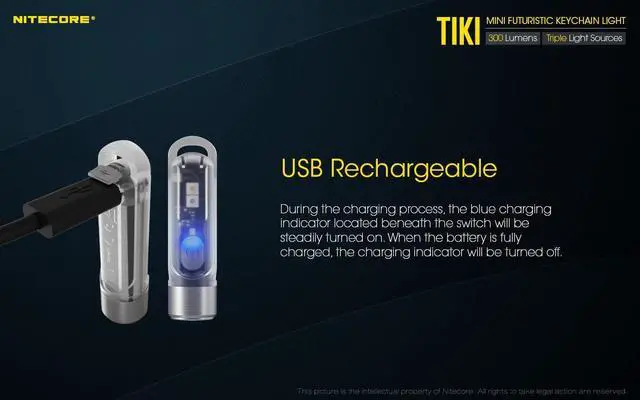 Alt view image 7 of 7 - NITECORE TIKI Mini Futuristic LED Keychain Light 300 Lumens-Built-in Rechargeable Li-ion battery