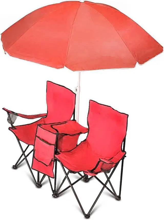 Alt view image 3 of 7 - GoTeam Portable 2-Seat Folding Camp Chair with Cooler, Umbrella & Cup Holders  Outdoor Picnic, Beach, or Tailgate Seating  Carry Case Included (Red)