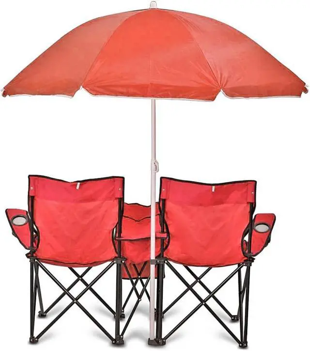 Alt view image 2 of 7 - GoTeam Portable 2-Seat Folding Camp Chair with Cooler, Umbrella & Cup Holders  Outdoor Picnic, Beach, or Tailgate Seating  Carry Case Included (Red)