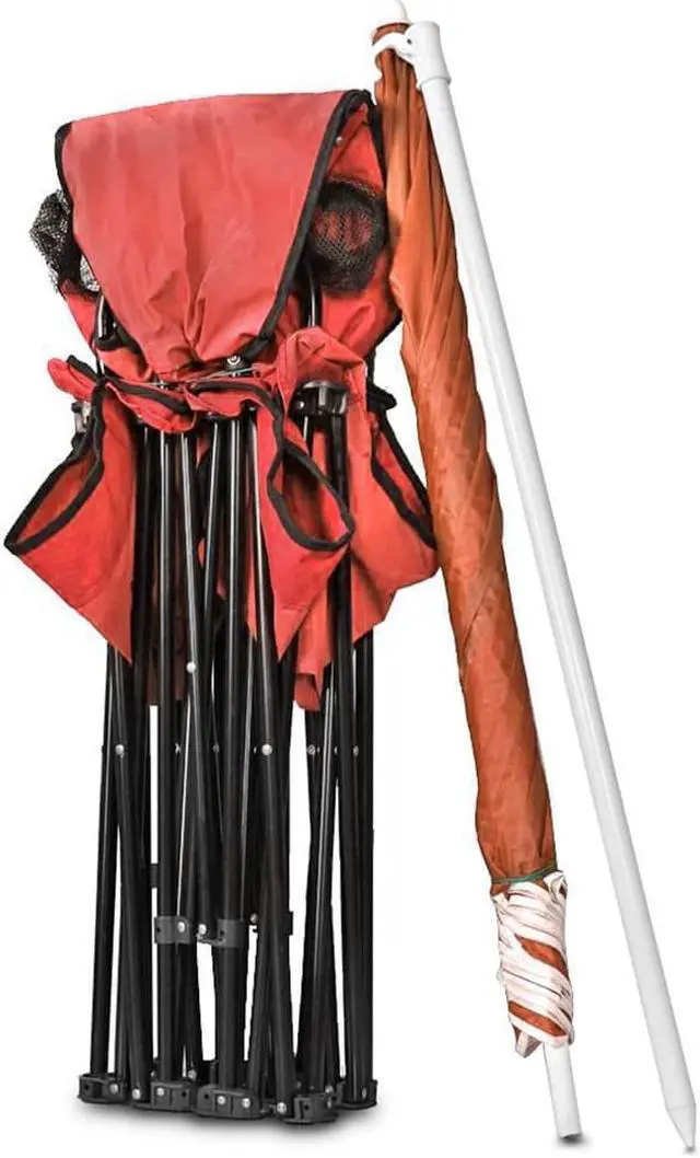 Alt view image 6 of 7 - GoTeam Portable 2-Seat Folding Camp Chair with Cooler, Umbrella & Cup Holders  Outdoor Picnic, Beach, or Tailgate Seating  Carry Case Included (Red)