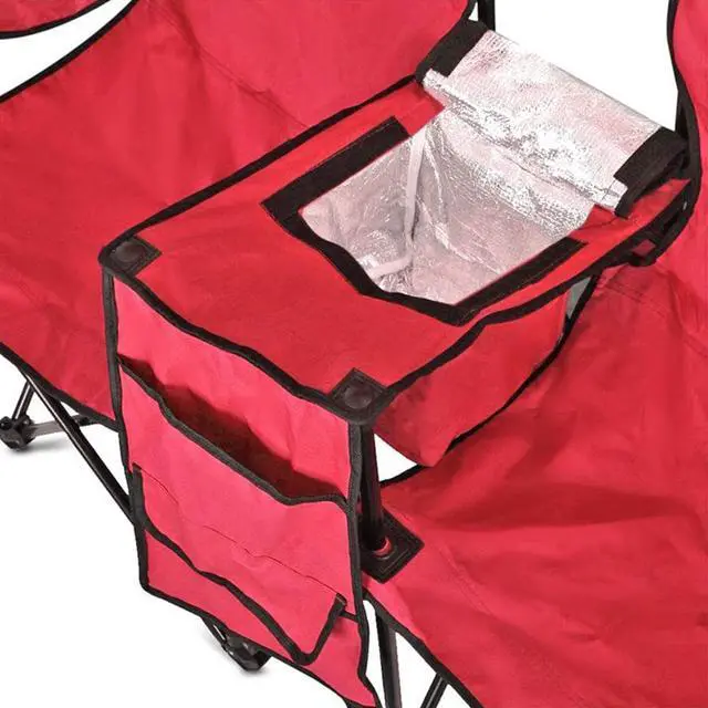 Alt view image 5 of 7 - GoTeam Portable 2-Seat Folding Camp Chair with Cooler, Umbrella & Cup Holders  Outdoor Picnic, Beach, or Tailgate Seating  Carry Case Included (Red)