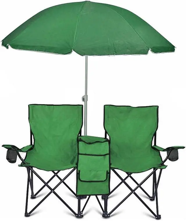 Main image of GoTeam Portable 2-Seat Folding Camp Chair with Cooler, Umbrella & Cup Holders  Outdoor Picnic, Beach, or Tailgate Seating  Carry Case Included (Green)