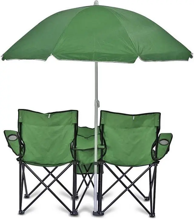 Alt view image 2 of 7 - GoTeam Portable 2-Seat Folding Camp Chair with Cooler, Umbrella & Cup Holders  Outdoor Picnic, Beach, or Tailgate Seating  Carry Case Included (Green)
