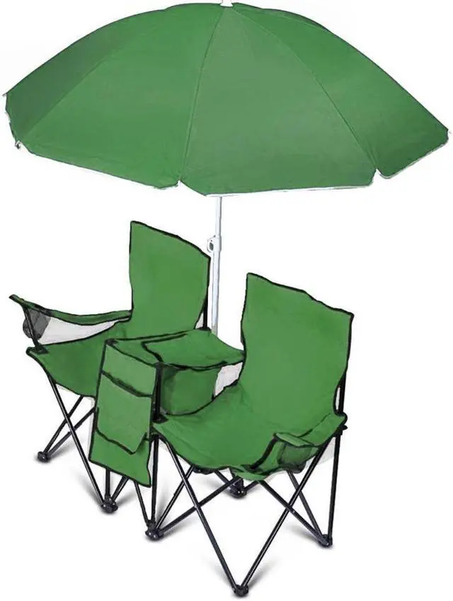 Alt view image 3 of 7 - GoTeam Portable 2-Seat Folding Camp Chair with Cooler, Umbrella & Cup Holders  Outdoor Picnic, Beach, or Tailgate Seating  Carry Case Included (Green)