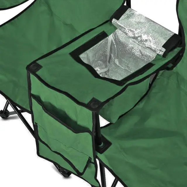 Alt view image 4 of 7 - GoTeam Portable 2-Seat Folding Camp Chair with Cooler, Umbrella & Cup Holders  Outdoor Picnic, Beach, or Tailgate Seating  Carry Case Included (Green)